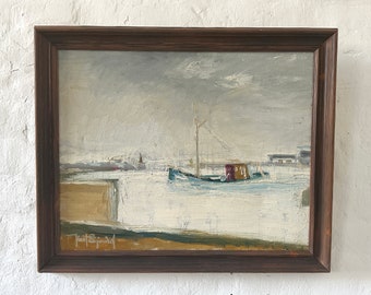 Scène portuaire moderne et expressionniste avec bateau de pêche, Danemark vers 1960