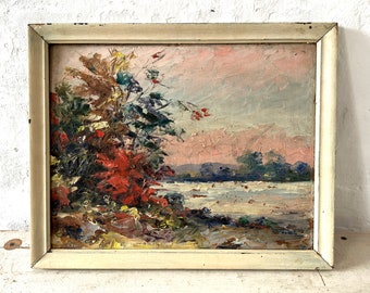 Natura selvaggia sulla riva, espressionista autunnale, dipinto ad olio del 1930