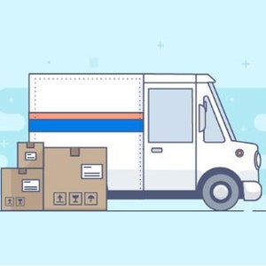 Könnte beinhalten: Ein weißer Lieferwagen mit einem blauen und rosa Streifen an der Seite, neben dem drei Kartons gestapelt sind.