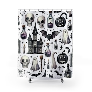 Gothic Halloween Shower Curtain, Spooky Decor, Haunted Bathroom Accents, Unique Gift for Halloween Lovers, Scary Bat & Skull Design