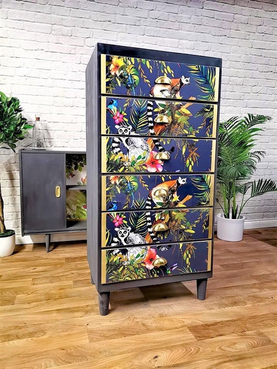 Stunning Lemur Print Tallboy Chest Of Drawers Brass Style Etsy