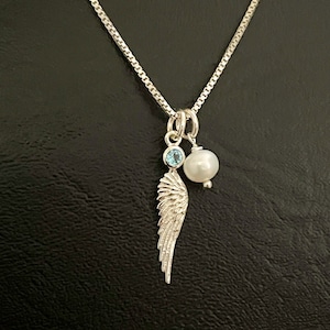Natural Blue Topaz Angel Wing Necklace, Sterling Silver Blue Topaz Angel Wing Pendant, Fresh Water Pearl Charm, December Birthstone Jewelry