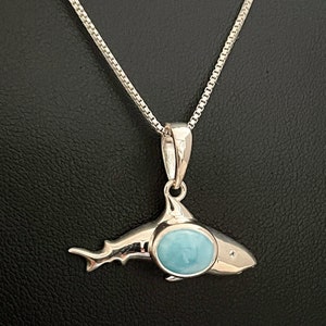 Natural Larimar Shark Necklace, Sterling Silver Larimar Shark Pendant, March Birthstone, April Birthstone, Nautical Shark Jewelry