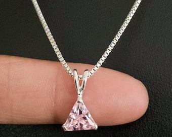 Trillion Cut Pink Necklace, Sterling Silver Pink CZ Necklace, Pink Triangle CZ Pendant, Art Deco Necklace, Gift For Girlfriend, CZ Jewelry