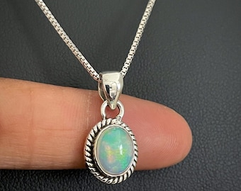 Natural Ethiopian Opal Pendant, Sterling Silver White Fire Opal Necklace, October Birthstone Jewelry, Bridal Wedding Necklace, Opal Jewelry