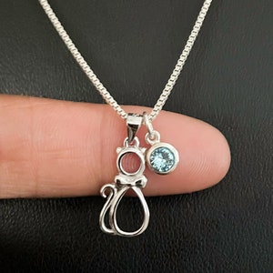 Cat Necklace, Sterling Silver Cat Pendant, Family Birthstone Necklace, Cat Charm Necklace, Cat Lovers Jewelry, Kitty Necklace, Cat Lady Gift