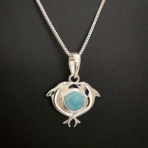 Natuurlijke Larimar dolfijn ketting, Sterling zilveren Larimar dolfijn hanger, maart geboortesteen, april geboortesteen, nautische dolfijn sieraden