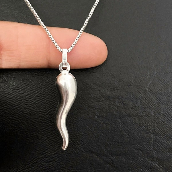 Italian Horn Necklace, Sterling Silver Italian Horn Pendant, Chili Pepper Charm Jewelry, Jalapeno Pepper Pendant, Good Luck Charm Jewelry