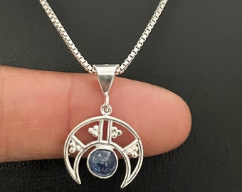 Natural Blue Kyanite Pendant, Sterling Silver Kyanite Necklace, September Birthstone Jewelry, Crescent Moon Charm, Genuine Gemstone Jewelry