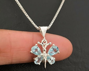 Genuine Blue Topaz Butterfly Necklace, Sterling Silver Blue Topaz Butterfly Pendant, December Birthstone Jewelry, Blue Topaz Butterfly Charm