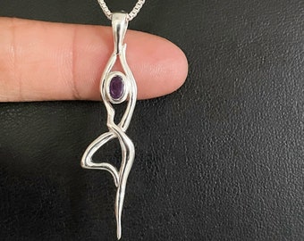 Genuine Amethyst Yoga Necklace, Sterling Silver Amethyst Yoga Pendant, February Birthstone Jewelry, Workout Jewelry, Yoga Pose Charm Pendant