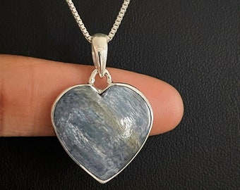 Kyanite Necklace, Natural Kyanite Pendant, Sterling Silver Blue Kyanite Necklace, Kyanite Heart Gemstone Pendant, Natural Gemstone Necklace