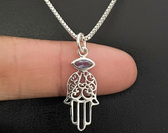 Natural Iolite Hamsa Necklace, Sterling Silver Hamsa Pendant, Protection Necklace, Hand of Fatima Necklace, September Birthstone Jewelry