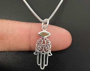 Natural Peridot Hamsa Necklace, Sterling Silver Hamsa Pendant, Protection Necklace, Hand of Fatima Necklace, August Birthstone Jewelry