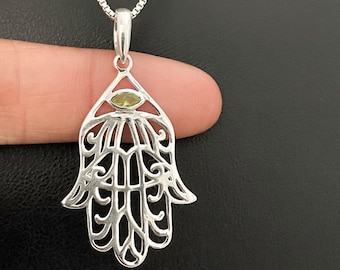 Natural Peridot Hamsa Necklace, Sterling Silver Hamsa Pendant, Protection Necklace, Hand of Fatima Necklace, August Birthstone Jewelry