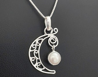 Echter Perlmutt Anhänger, Sterling Silber Halbmond Halskette, Juni Birthstone Schmuck, keltischer Mond Anhänger, himmlische Perlen Charme