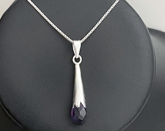 Genuine Amethyst Briolette Necklace, Sterling Silver Amethyst Briolette Pendant, February Birthstone Jewelry, Bridal Wedding Jewelry