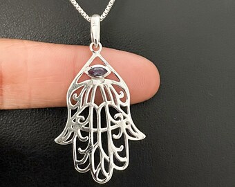 Natural Iolite Hamsa Necklace, Sterling Silver Hamsa Pendant, Protection Necklace, Hand of Fatima Necklace, September Birthstone Jewelry