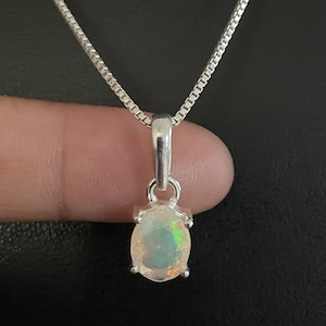 Small Ethiopian Opal Pendant, Natural White Opal Necklace, October Birthstone, Sterling Silver Fire Opal Pendant, Natural Gemstone Necklace
