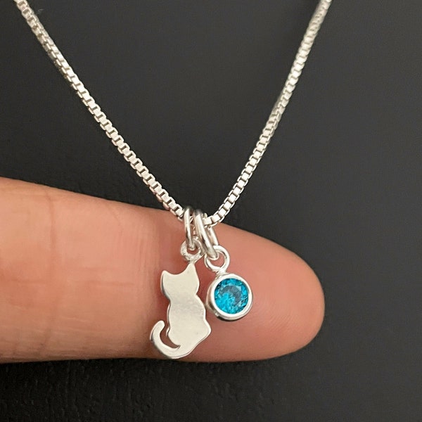 Cat Necklace, Sterling Silver Cat Pendant, Family Birthstone Necklace, Cat Charm Necklace, Cat Lovers Jewelry, Kitty Necklace, Cat Lady Gift