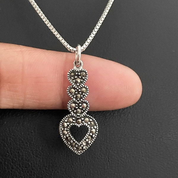 Marcasite Heart Necklace, Sterling Silver Marcasite Heart Pendant, Marcasite Heart Charm Pendant, Bridal Wedding Jewelry, Layering Necklace