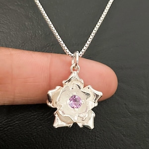 Natural Amethyst Lotus Necklace, Sterling Silver Amethyst Pendant, February Birthstone Jewelry, Genuine Gemstone Jewelry, Amethyst Charm