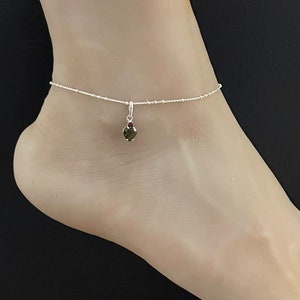 Genuine Moldavite Garnet Anklet, Sterling Silver Beaded Ankle Bracelet, Moldavite Garnet Charm, Sweet Heart Anklet, Beach Wedding Jewelry