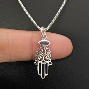 Natural Iolite Hamsa Necklace, Sterling Silver Hamsa Pendant, Protection Necklace, Hand of Fatima Necklace, September Birthstone Jewelry