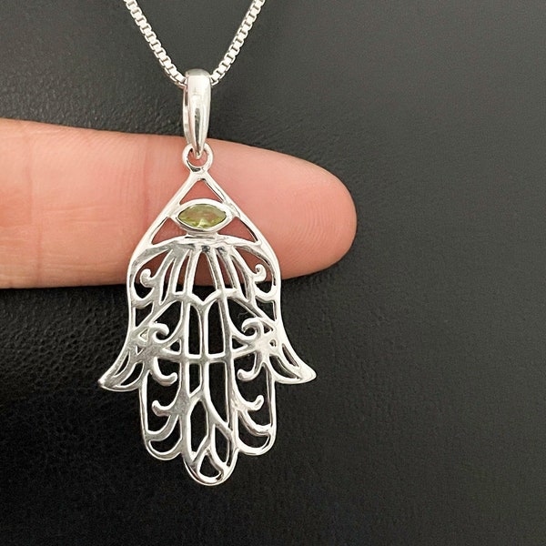 Natural Peridot Hamsa Necklace, Sterling Silver Hamsa Pendant, Protection Necklace, Hand of Fatima Necklace, August Birthstone Jewelry