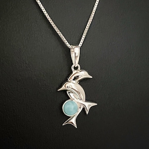 Natuurlijke Larimar dolfijn ketting, Sterling zilveren Larimar dolfijn hanger, maart geboortesteen, april geboortesteen, nautische dolfijn sieraden