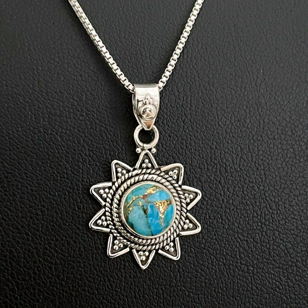 Genuine Turquoise Sun Pendant, Sterling Silver Sunshine Necklace, December Birthstone, Turquoise Celtic Necklace, Natural Gemstone Necklace