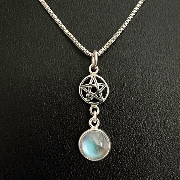 Natural Rainbow Moonstone Pendant, Sterling Silver Pentagram Necklace, June Birthstone Jewelry, Spiritual Jewelry, Moonstone Pentacle Charm