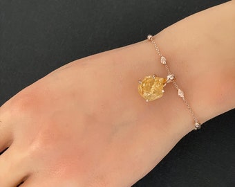 Genuine Raw Citrine Bracelet, 14K Rose Gold Plated Over Sterling Silver Beaded Bracelet, Rough Citrine Charm Bracelet, November Birthstone