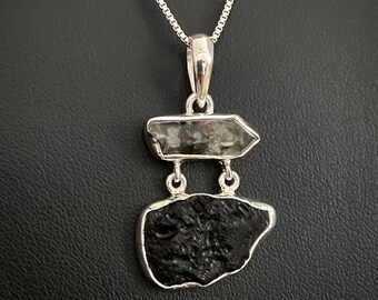 Pingente Tektite genuíno, colar de diamante Herkimer em prata esterlina, joias Tektite, colar de diamante bruto, pedra do mês de abril, joias de casamento