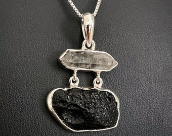 Pingente Tektite genuíno, colar de diamante Herkimer em prata esterlina, joias Tektite, colar de diamante bruto, pedra do mês de abril, joias de casamento