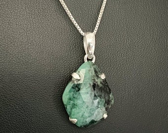 Natural Emerald Necklace, Genuine Emerald Pendant, Sterling Silver Emerald Necklace, May Birthstone Jewelry, Natural Gemstone Necklace