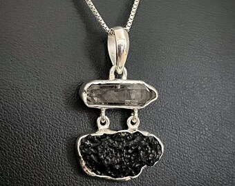 Pingente Tektite genuíno, colar de diamante Herkimer em prata esterlina, joias Tektite, colar de diamante bruto, pedra do mês de abril, joias de casamento