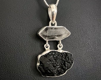 Pingente Tektite genuíno, colar de diamante Herkimer em prata esterlina, joias Tektite, colar de diamante bruto, pedra do mês de abril, joias de casamento