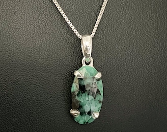 Natural Emerald Necklace, Genuine Emerald Pendant, Sterling Silver Emerald Necklace, May Birthstone Jewelry, Natural Gemstone Necklace
