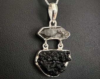 Pingente Tektite genuíno, colar de diamante Herkimer em prata esterlina, joias Tektite, colar de diamante bruto, pedra do mês de abril, joias de casamento