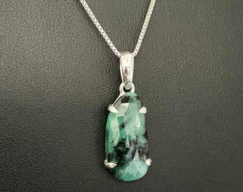 Natural Emerald Necklace, Genuine Emerald Pendant, Sterling Silver Emerald Necklace, May Birthstone Jewelry, Natural Gemstone Necklace