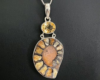 Natural Ammonite Fossil Shell Necklace, Sterling Silver Ammonite Pendant, Citrine Pendant, November Birthstone Jewelry, Real Fossil Gemstone