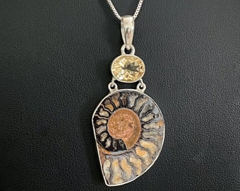 Natural Ammonite Fossil Shell Necklace, Sterling Silver Ammonite Pendant, Citrine Pendant, November Birthstone Jewelry, Real Fossil Gemstone