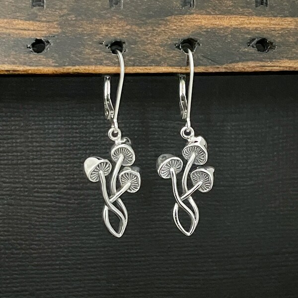 Mushroom Dangle Earrings, Sterling SilverMushroom Jewelry, Bridal Wedding Earrings, Mystical Earrings, Mushroom Charm Earrings