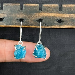 Natural Neon Apatite Earrings, Genuine Raw Apatite Gemstone, Sterling Silver Dangle Earrings, Rough Blue Apatite, Bridal Wedding Jewelry