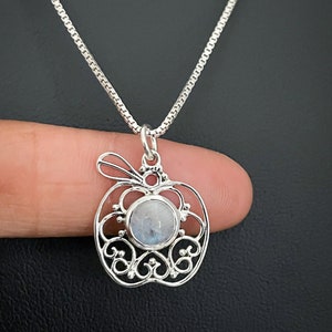 Genuine Rainbow Moonstone Apple Necklace, Sterling Silver Moonstone Pendant, June Birthstone Jewelry, Bridal Wedding Necklace, Apple Charm