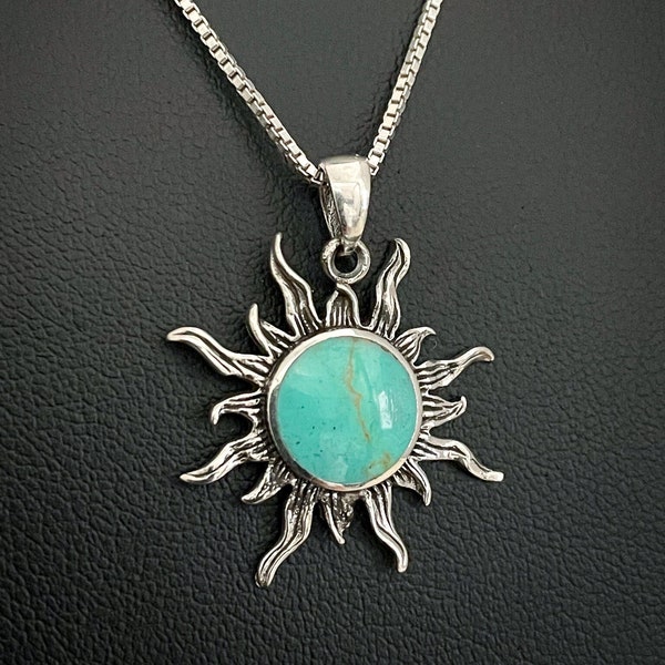 Turquoise Sun Pendant, Sterling Silver Sunshine Necklace, December Birthstone, Turquoise Celtic Necklace, Bridal Wedding Jewelry