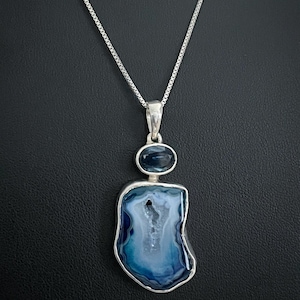 Natural Kyanite Agate Pendant, Sterling Silver Kyanite Agate Necklace, February Birthstone Jewelry, Blue Agate Geode Druzy Gemstone