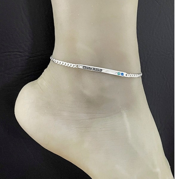 Laser Engraved Curb Anklet, Sterling Silver Custom ID Anklet, Birthstone Charm Ankle Bracelet, Personalized Jewelry, Barefoot Beach Jewelry