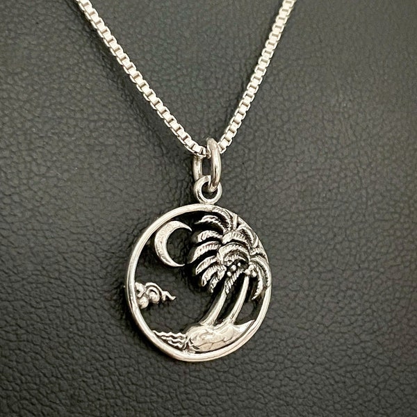 Palm Tree Moon Necklace, Sterling Silver Palm Tree Pendant, Crescent Moon Pendant, Celestial Necklace, Moon Charm Jewelry, Whimsical Jewelry